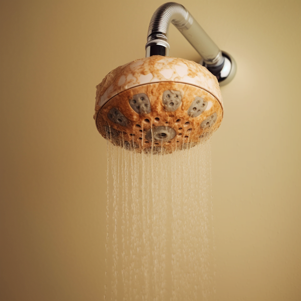 A shower head clogged with limescale and mineral build-up