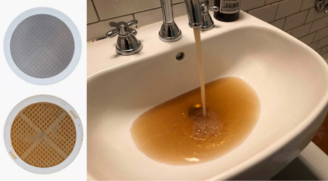 A filter before and after use, next to a sink running brown tap water